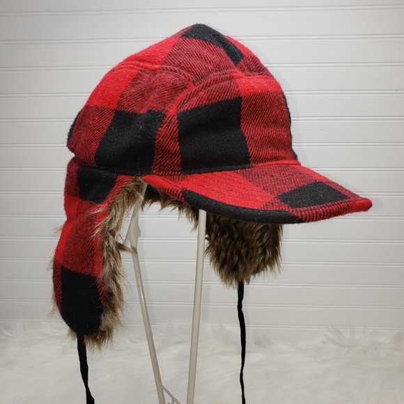 Free Authority Trapper Wool Blend Faux Fur Winter Cap Hat Red & Black Plaid EUC - Picture 2 of 8